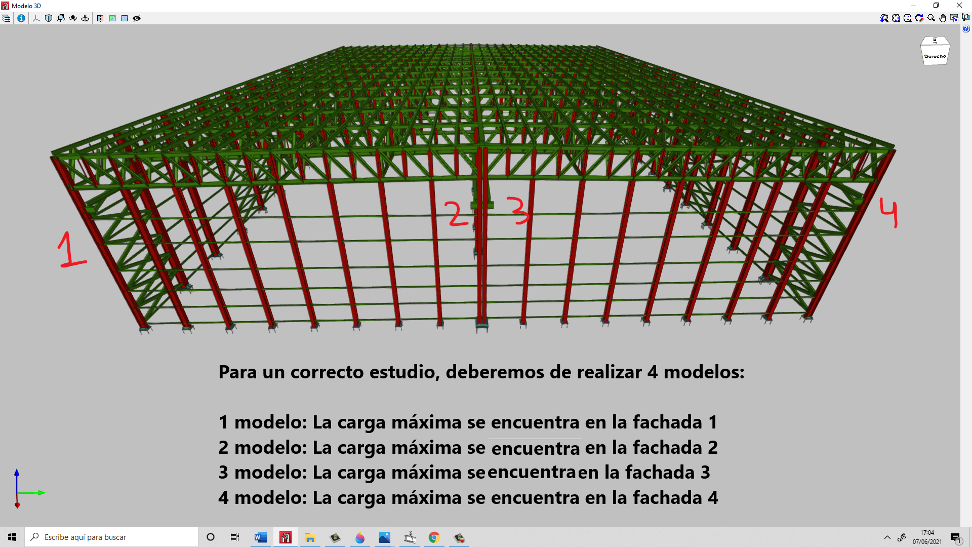 Realizaremos 4 modelos para evaluar las 4 fachadas de la nave. Cada fachada deberá de comprobarse por resistencia de materiales y limitar los desplazamientos.